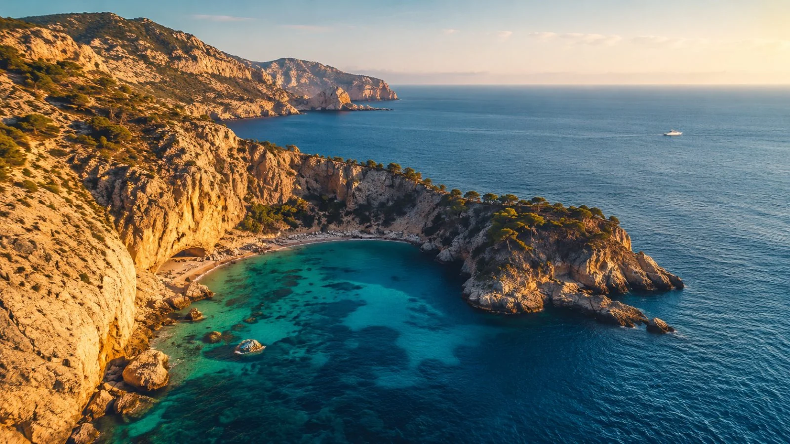 Calanque aux roches dorées, yacht minuscule au large