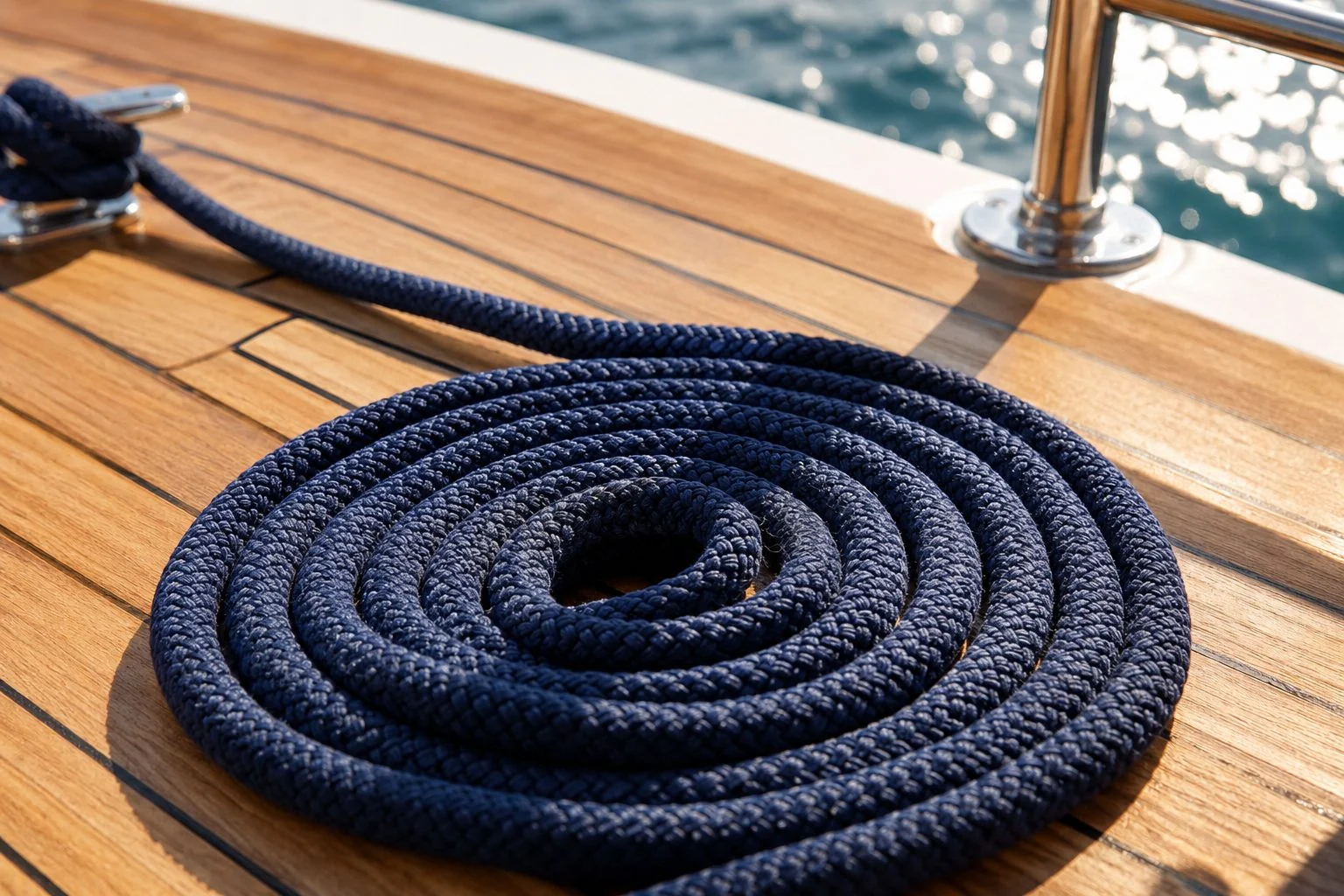 Cordage marin lové sur un pont en teck, plein soleil