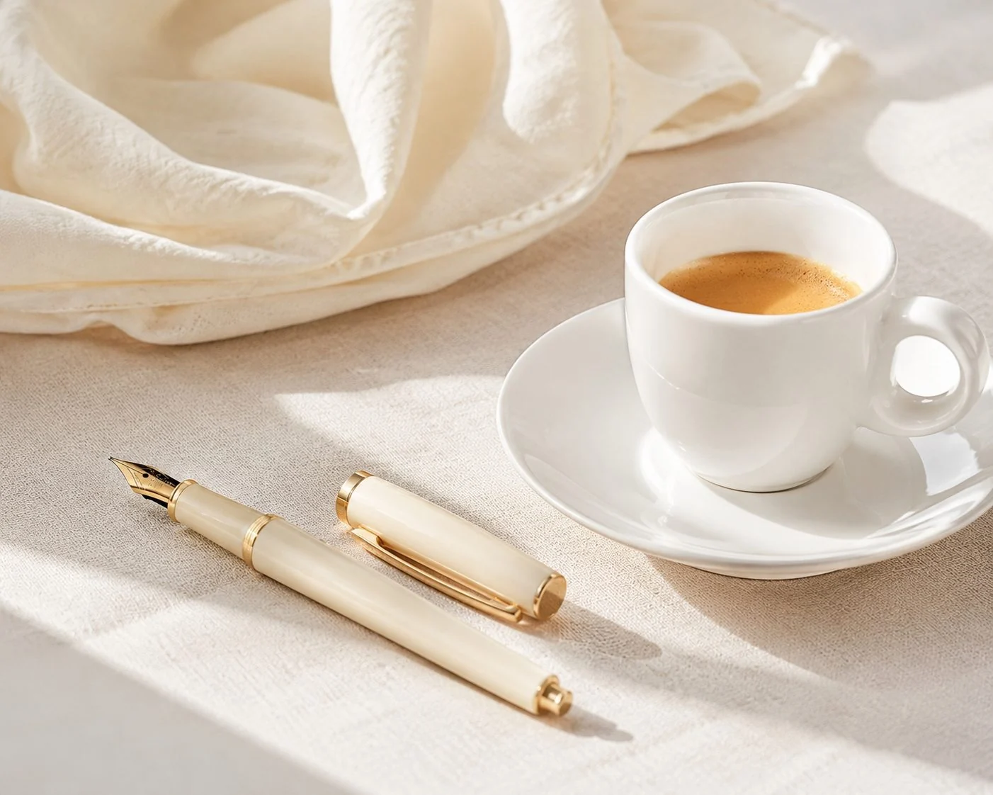 Stylo plume et café sur lin clair, lumière de fenêtre